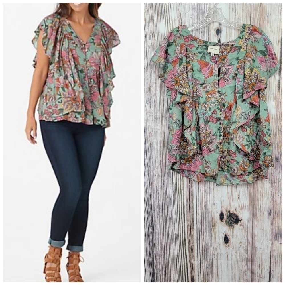 Haute Hippie Tribe Green Blooms Karen Flutter Top